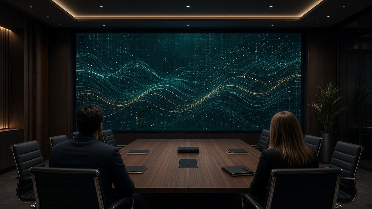 Fine-pitch LED wall at the end of a dark boardroom