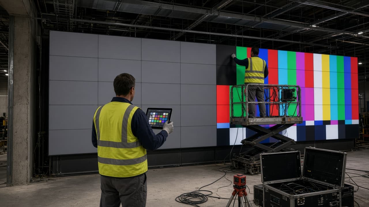 Technicians commissioning an indoor LED wall, seen from behind