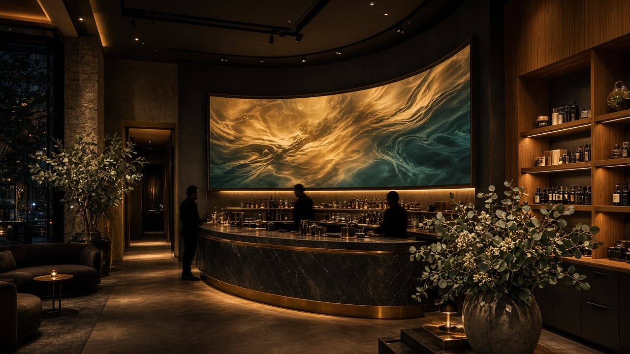 Curved indoor LED feature wall in a retail and hospitality interior